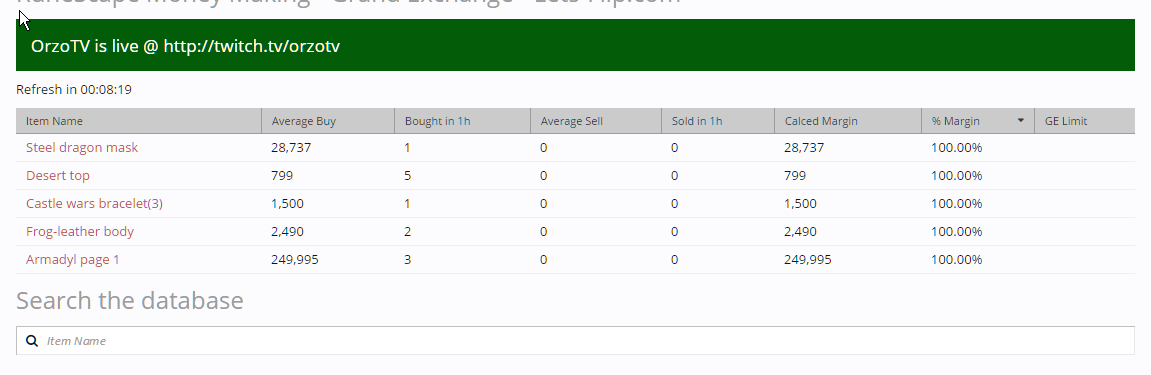 The third version of the chart displaying data of 5 items to trade on the Oldschool Runescape Grand Exchange with a profit margin.