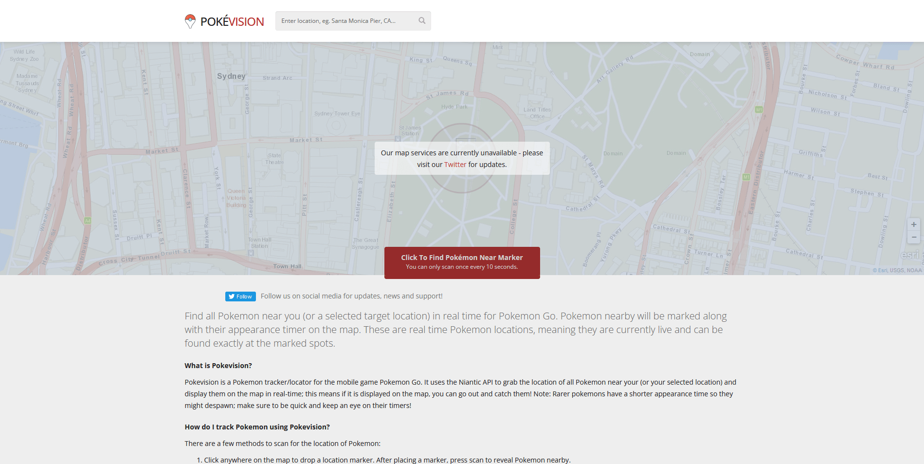 Picture of the PokeVision website, showing its offline due to scanning becoming harder to do.
